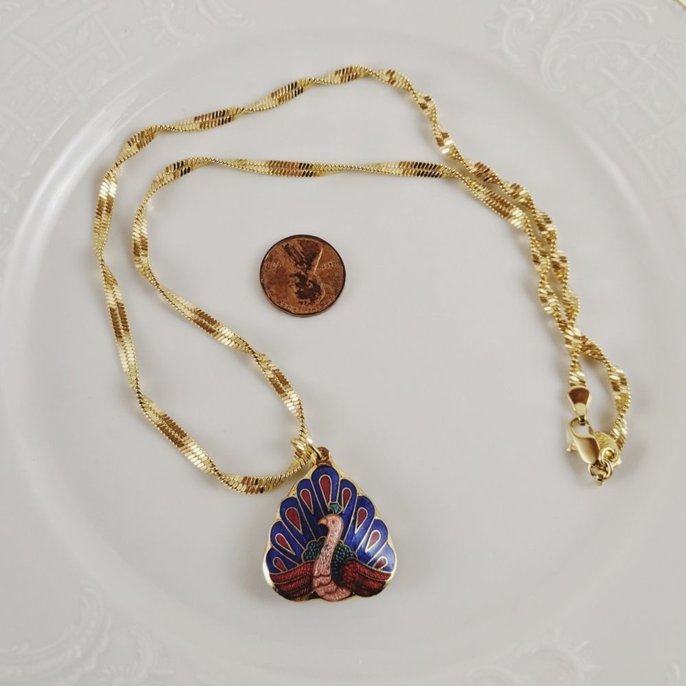 Vintage Cloisonne Peacock Puffy 18" Gold Necklace 90s Deadstock